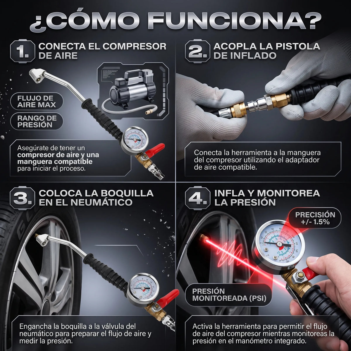 MaxInflate Pro™ Pistola de Inflado y Medición para Compresor