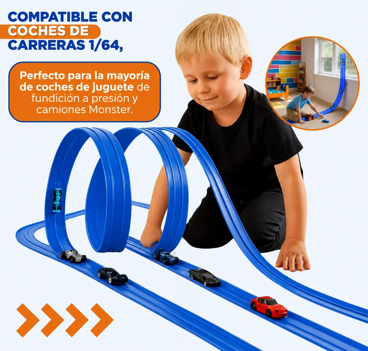 MagicTrack™ Pista de Carreras Flexible INCLUYE 4 MINI CARROS UPSELL