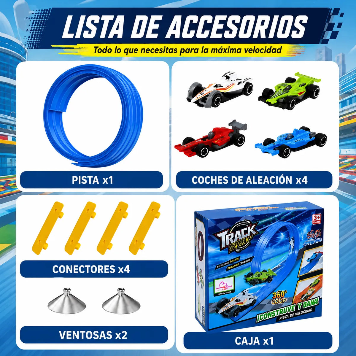 MagicTrack™ Pista de Carreras Flexible INCLUYE 4 MINI CARROS UPSELL